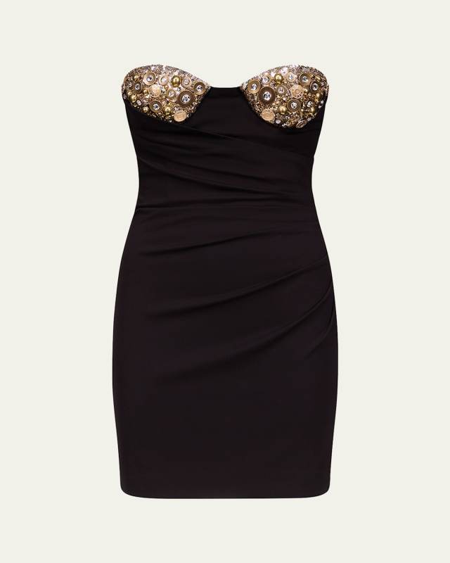 Crystal Button Cluster Embroidered Draped Mini Dress
